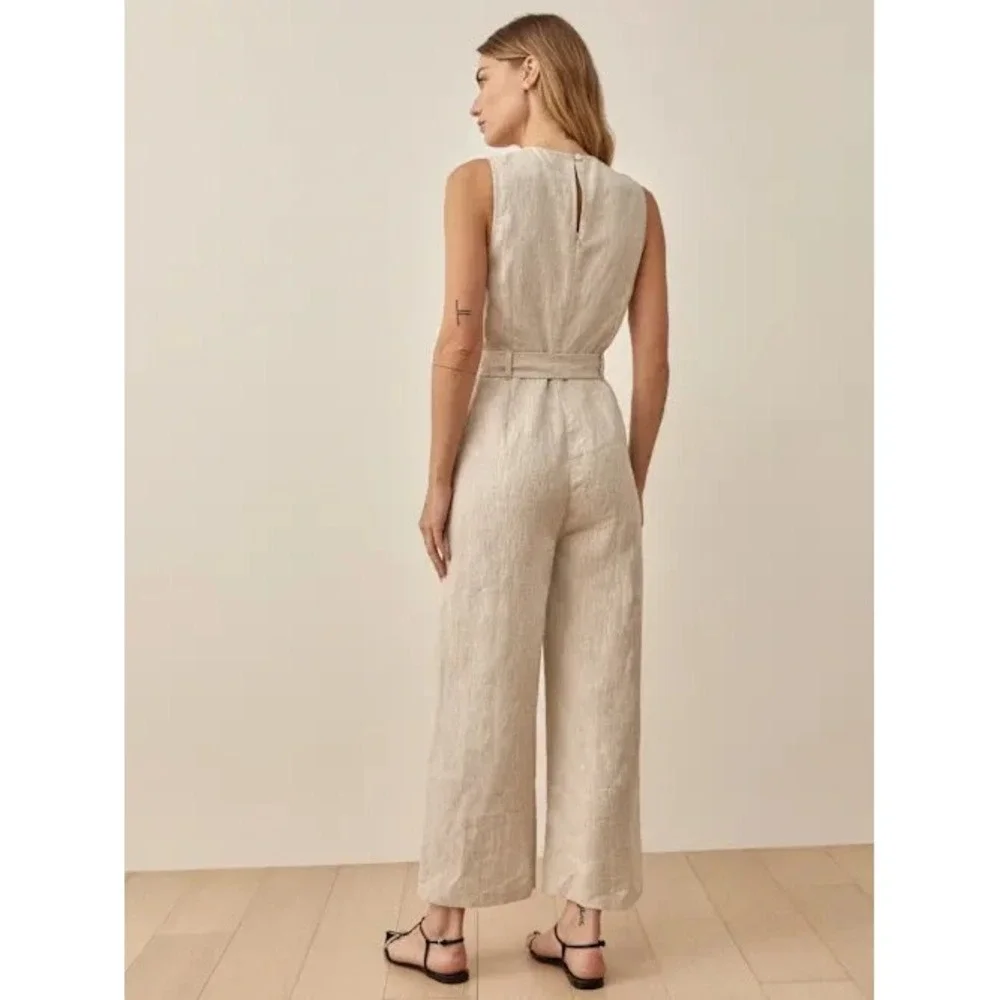 Reformation Linen Jumpsuit Naomi Sz 8 Belted Sleeveless Straight Leg Beige Flax
